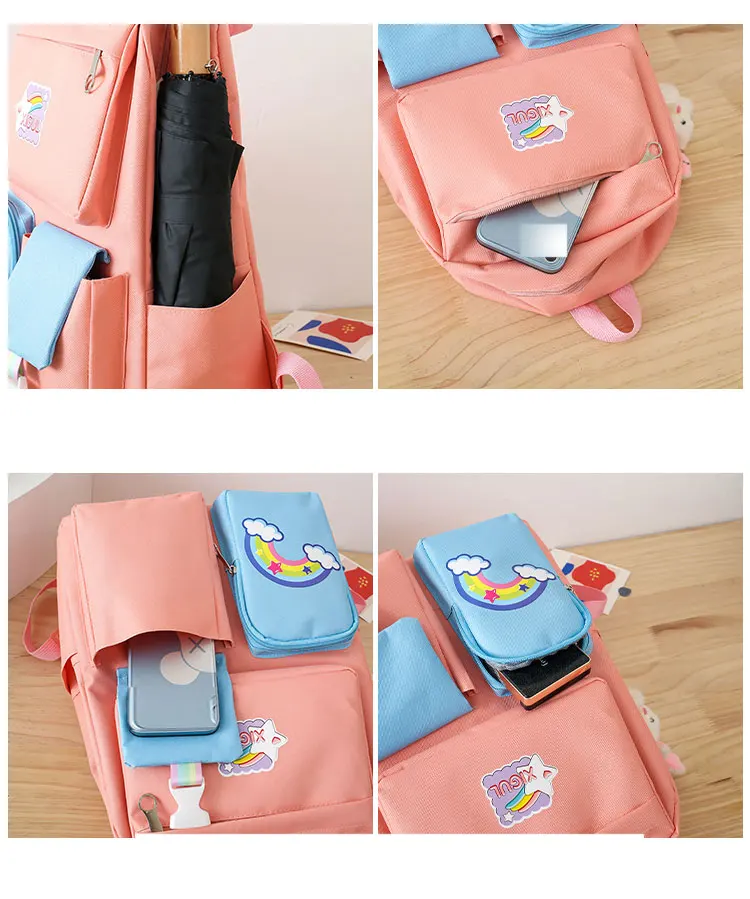 Fashion high quality school   bag five piece backpack set school bag girls schoolbags lovely college style BACKPACK SET