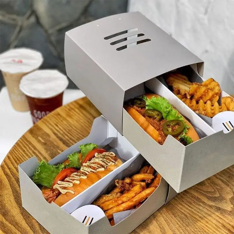 Custom Printed Ivory Paper Boat Shaped Hot Dog Paper Food Packaging Waffle Tray Cardboard Burger Corndog Shack Box With Lids supplier