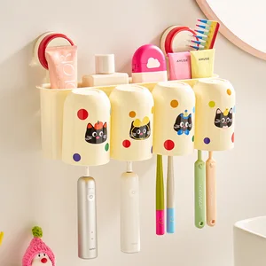 New Wall-Mounted Suction Cup Plastic Toothbrush Holder with Mouthwash Cup , Toothpaste Storage Rack for Bathroom