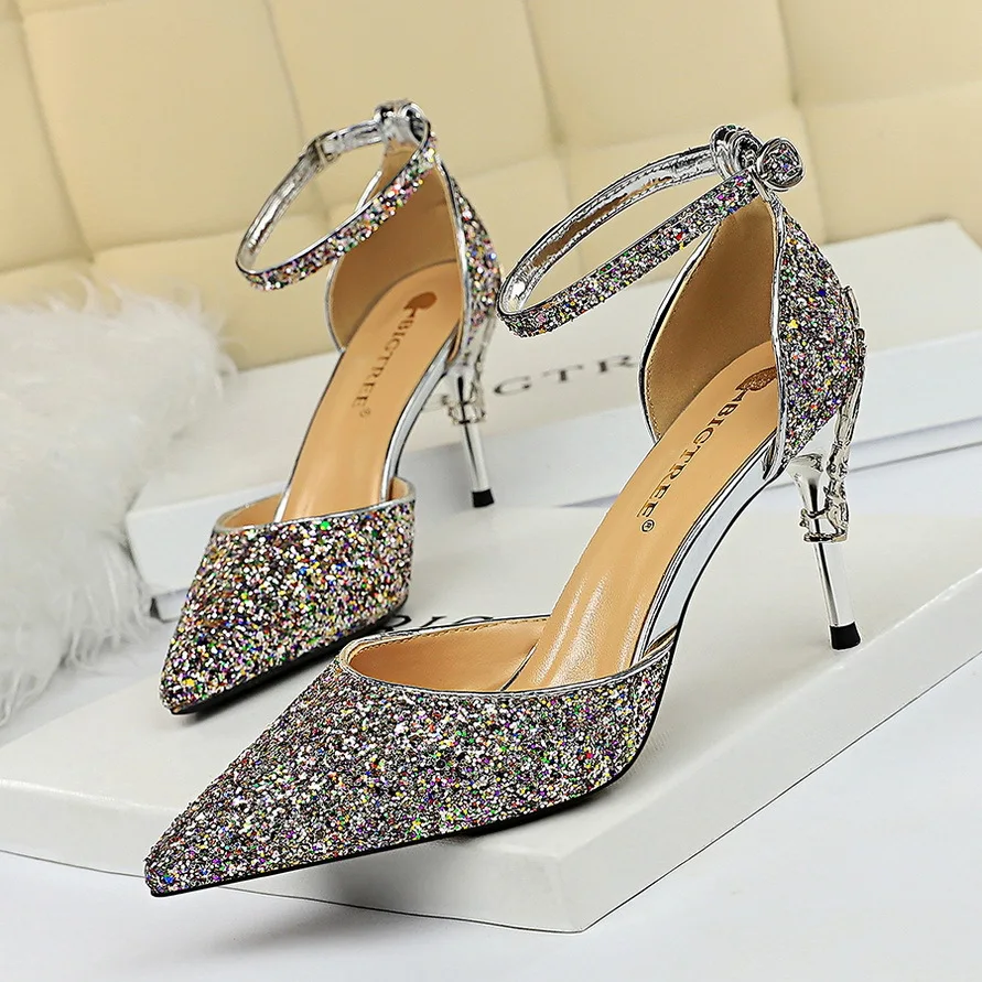 Strappy Crystal Pointed Toe High Heel Pumps Bridal Shoes For Women
