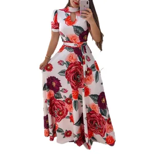 2026 New Summer Women Floral Printed Maxi Dress Plus Size Short Sleeve Loose Casual Long Maxi Dress Clothing