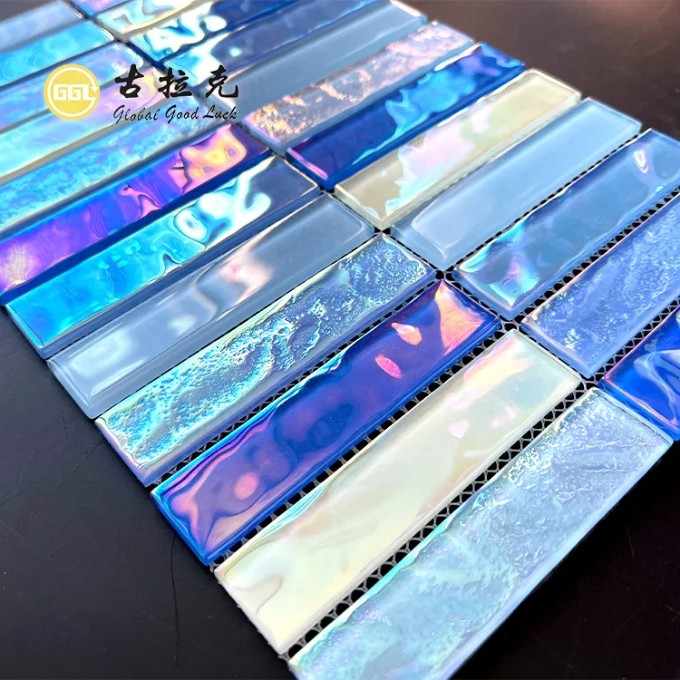 Modern Iridescent Blue Glass Mosaic Tiles Hot Melt for Outdoor Swimming Pool Factory Supplier at Cheap Price details