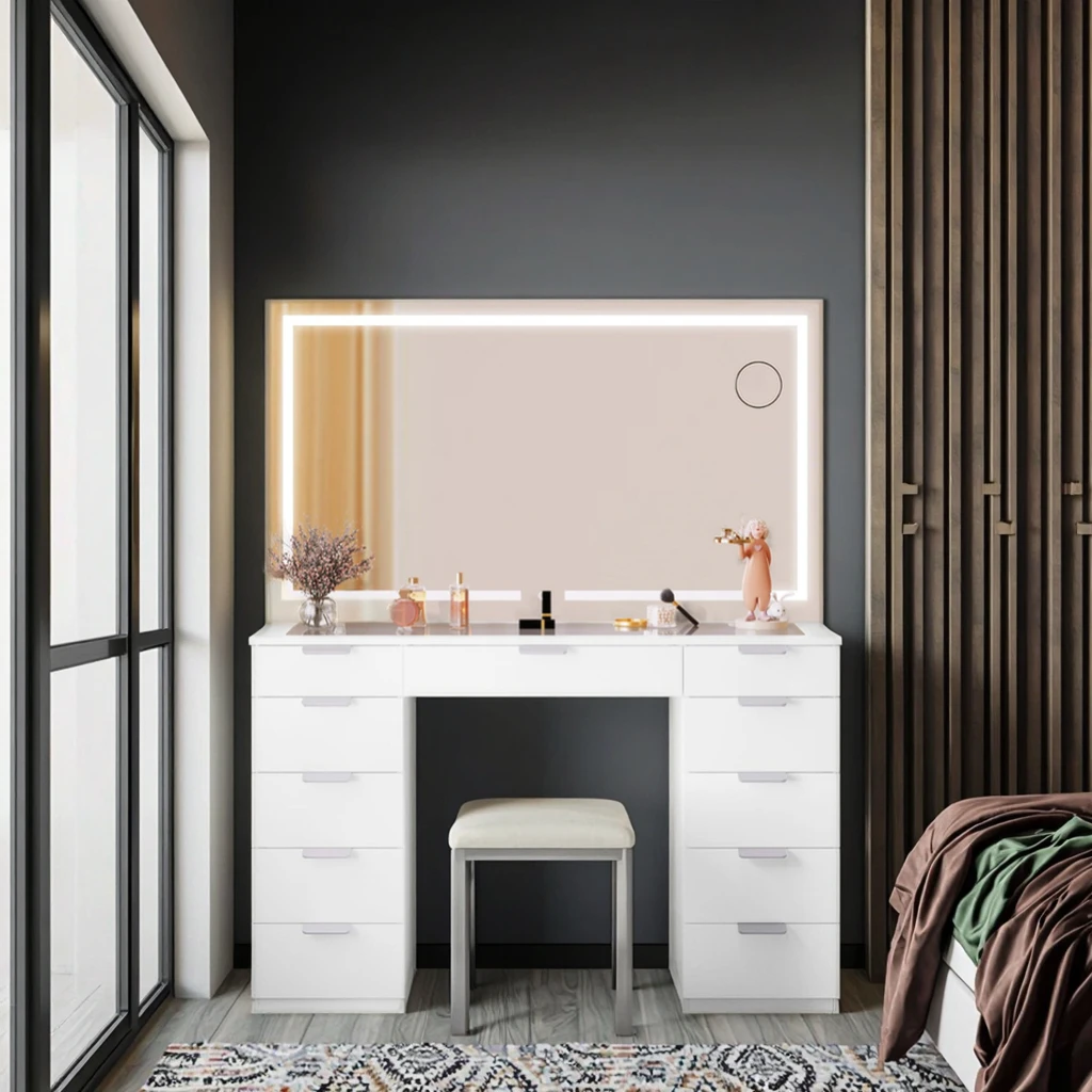 Customized Modern Style Vanity Desk for Children Lighted Mirror Makeup Dressing Table with Storage Furniture Wood Iron Material