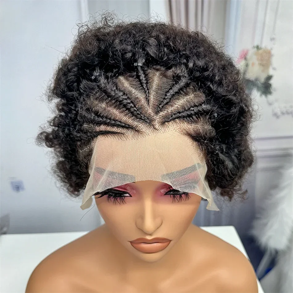 220 Density Afro Kinky Curly 13x4 Lace Front Braided Human Hair Wigs Short Curly Wig Women Explosive Head Baby Hair_voghion.com