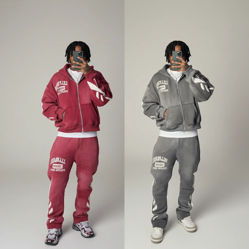 Custom Sweat Suit Distressed Embroidery Baggy Zip up Jogging Sweatsuit Hoodie and Jogger Sweatpants Set Flared Tracksuit for Men