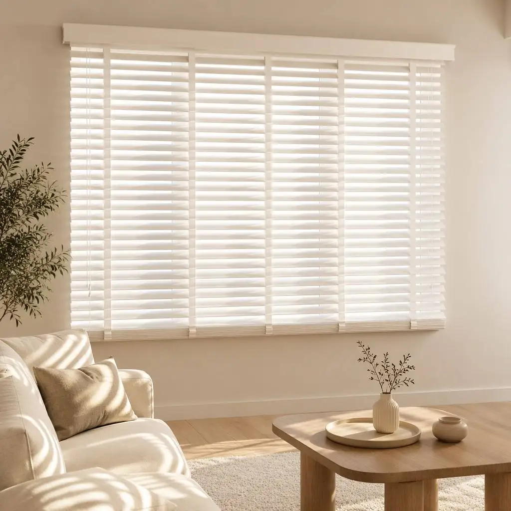PVC Horizontal Venetian Blinds Painted Color White 50mm Slats Ladder Tape Cord System Custom Size Waterproof OEM Factory