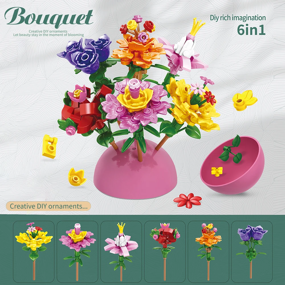 Romantic Bouquet Gift Plastic Mini Diy Flower Building Blocks Set Toys ...