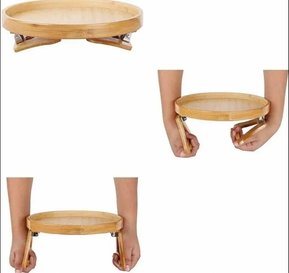 Round Bamboo Storage Rack Armrest Clip Side Table with Wooden Tray for Beverages Telephone Desserts Teahouses