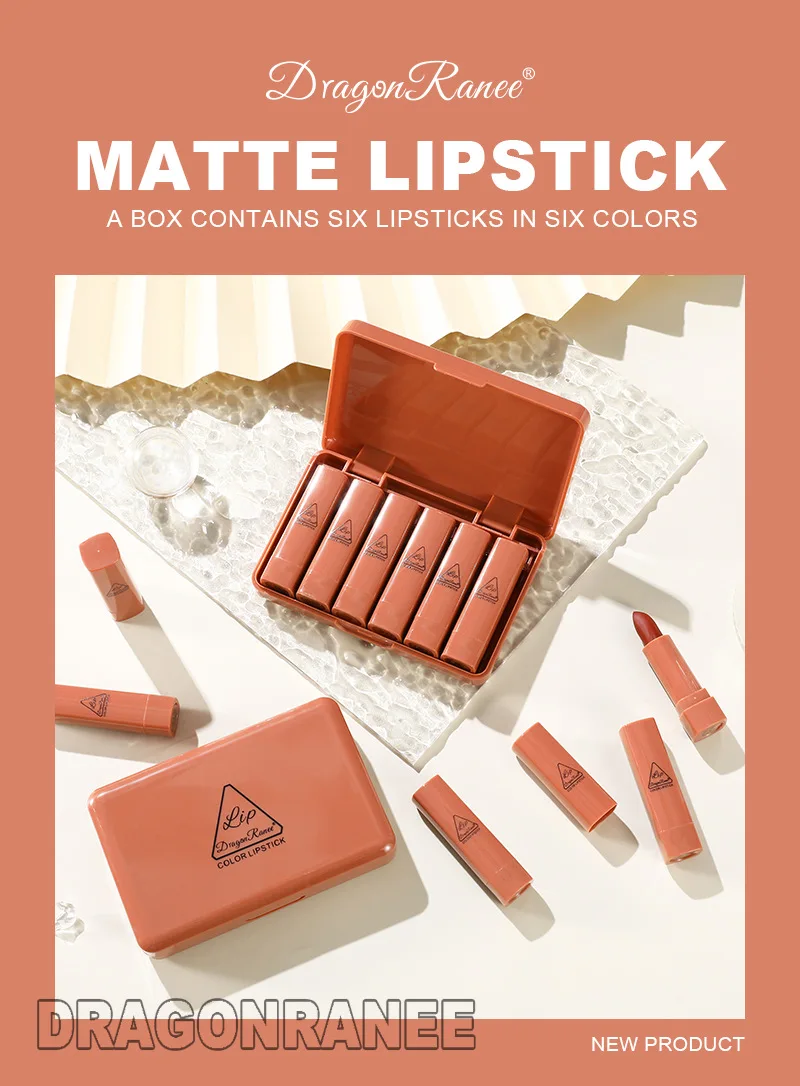Dragonranee ODM Mini Cute Lipstick Sample Set 6 Vegan Nude Matte Lipsticks and Lip Gloss Lasting Pencil Form Box Packaging
