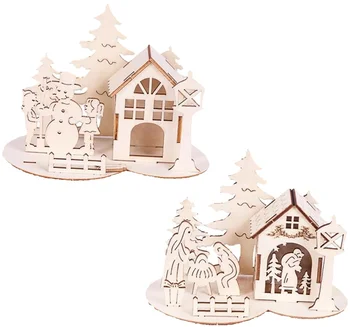 2-Piece Set of Mini Christmas Decorations Basswood DIY Home 3D Christmas Crafts Supplies