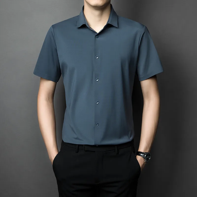 Custom high quality Short Sleeve high elastic Men Button Up Shirt Silk Shirts For Men Custom