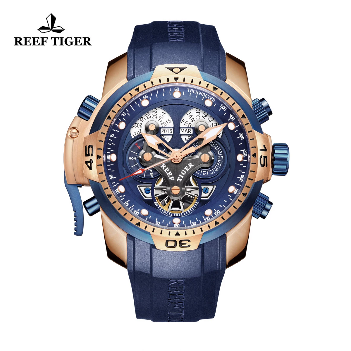 Reef Tiger Luxury Sport Watch for Men - Rose Gold, Blue Rubber 