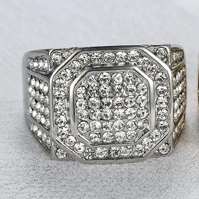 Hot Selling Style 316 Stainless Steel Titanium Steel Gold Plated Full Diamond Luxury Hiphop Men'S Ring