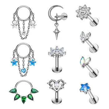 New Trendy ASTM F136 Titanium Leaf Moon Star Shape Piercing Nose Stud Marquise CZ Labret Ear Cartilage Tragus Helix Body Jewelry