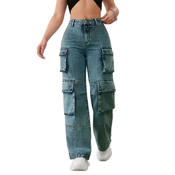 Custom logo OEM Manufacturer Pocket High Waist Streetwear baggy denim ladies Long parachute Cargo Pant for women jeans Trousers