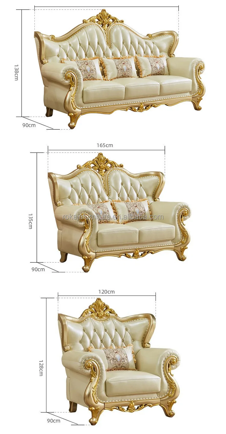 European Style Leather Sofa 123 Combination Retro Royal Sofa Luxury Villa Living Room Champagne Gold Solid Wood Carved Sofa Set