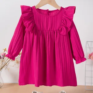 2026 NEW Cotton Summer Wave Stripe Girls' Long Sleeve Breathable Princess Style Knee-Length Solid Color Ruffled Casual Skirt for