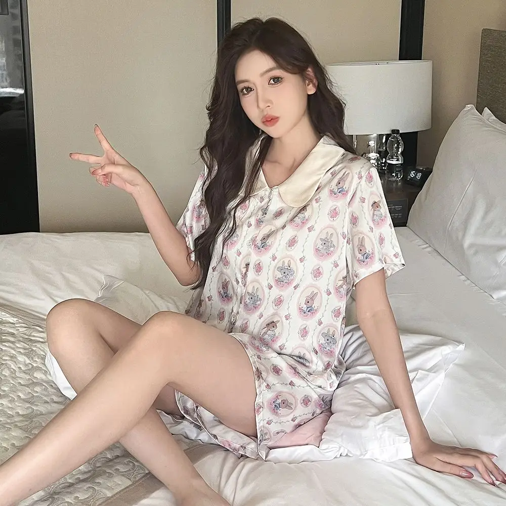 Spring and Summer Ice Silk Pajamas Women's Short-sleeved Shorts