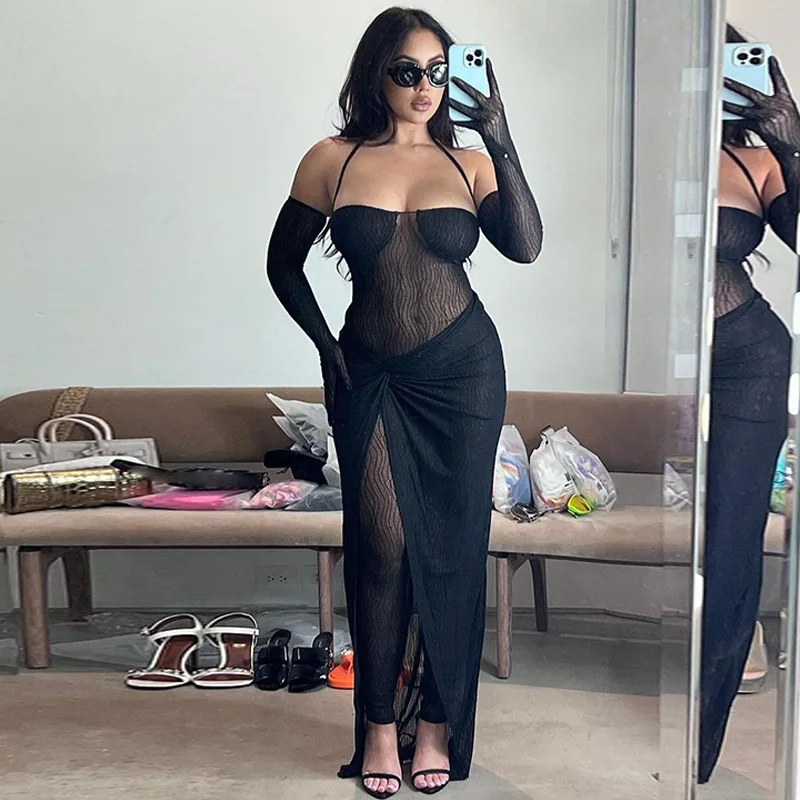 Lagerfe  9948 Haltermesh See Through  Bodysuit Slit Long Skirt Solid Women'S Dresses 2022 Fashion Party Club American Clothing