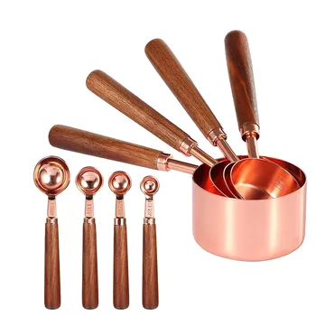 New Arrivals Walnut Wood Handle with Metric and US Measurements Cooking and Baking Steel Rose Gold Measuring Cups and Spoons Set