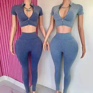 Huili Manufacturer High Quality Acid Wash Vintage Crop Gym Activewear Skinny Loungewear Workout Two Piece Women's Leggings Set