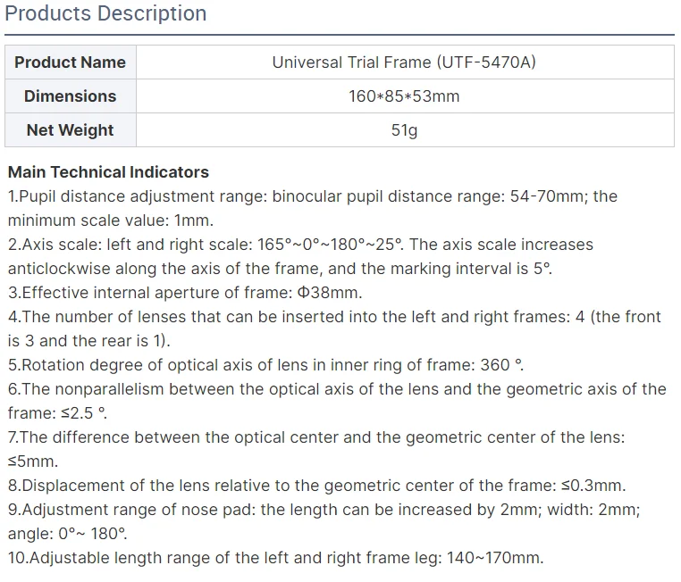 Trial Lens Frame UTF-5470A Universal Trial Frame for Eye Optometry Optical Lens Trial Lens Set