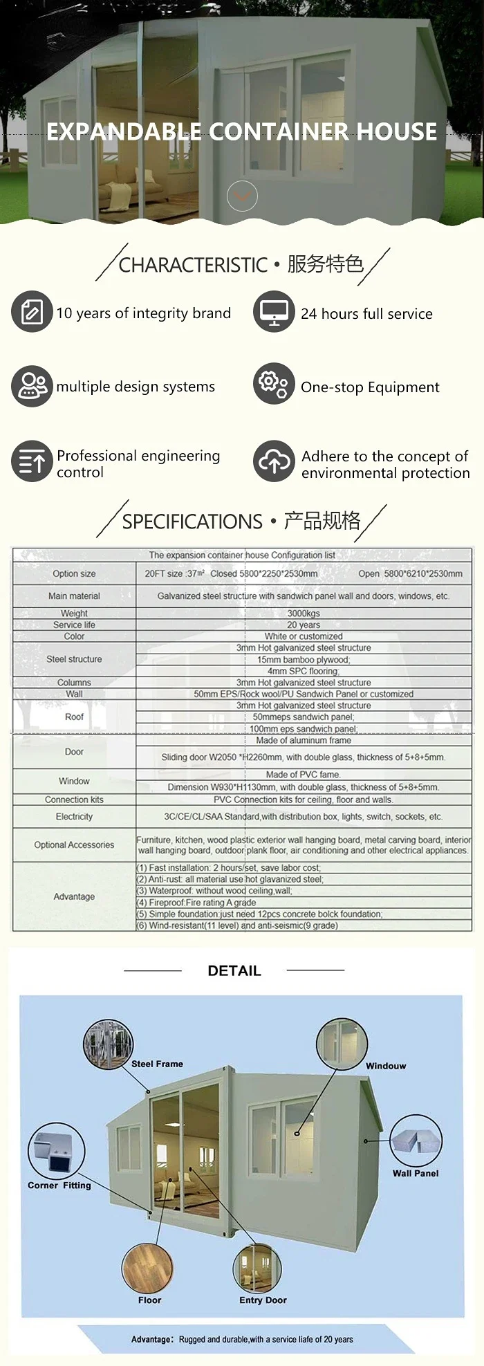 Homes Prefab 20ft 40ft Steel Expandable Modular Extendable Container