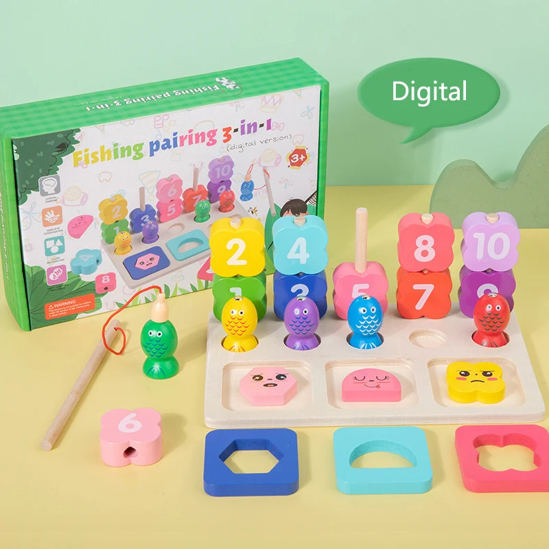 Montessori-inspirierte Holz-Sortier- und Stapelbausteine Puzzles 3-in-1 Angelspiel für Babys Kleinkinder Frühkindliches Lernspielzeug
