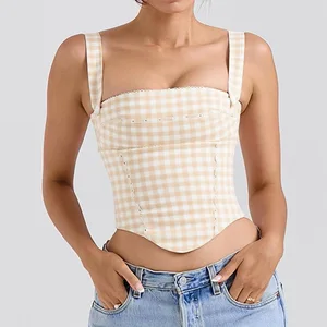 2026 Women's Slim-Fit Square Collar Camisole Tank Tops Casual Fitness Crop Top with Knitted Fabric and Button Decoration