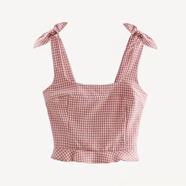 Dk122 Summer Chic PInk Plaid Print Bow Knot Tank Tops Cute Crop Top Camisole Women Beach Sexy Short Sleeveless Blouse Tops From m.alibaba.com