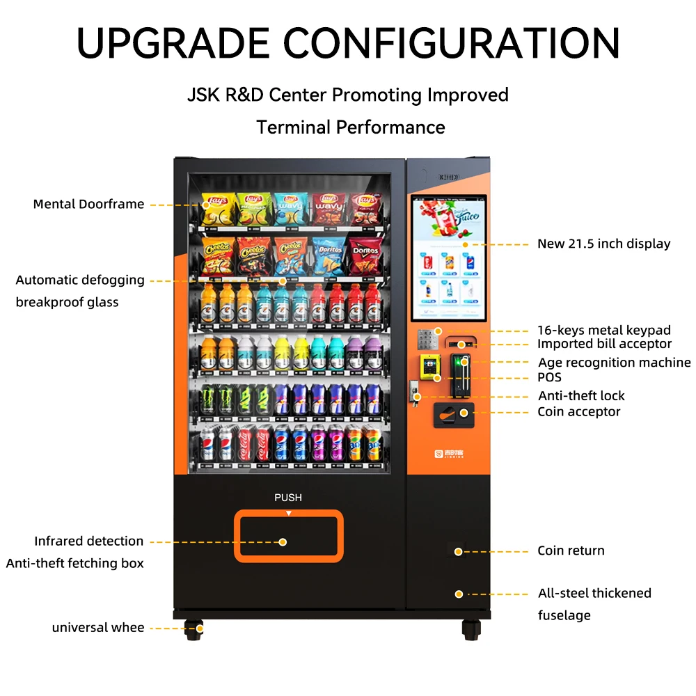 JSK Combo Vending Machine for Foods and Drinks with Touch Screen Card Reader Cold Storage and Age Verification