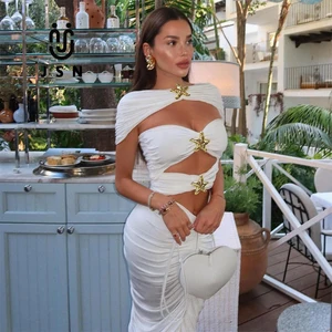 JSN  White Elegant Women Swimwear Bandage Bikinis Cutout Swim Suits Slimming Shiny Star Swimsuit With Beach Dress