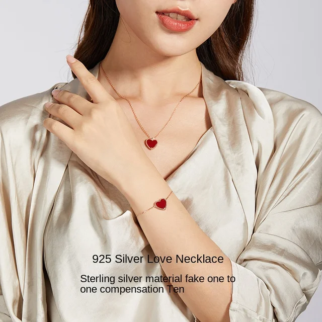 Women's S925 Sterling Silver Little Red Heart Necklace Zircon Red Agate Pendant Romantic Love Accessory for Sweet Girlfriends
