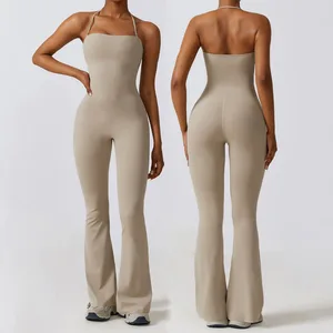 Custom Logo Gym One Piece Breathable Workout Slim Flares Pants  Rumpers Women Jumpsuits Playsuits Bodysuit Yoga for Girls