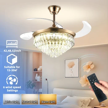 2025 Modern Luxury LED Ceiling Fan Gold Silver Copper Pendant Chandelier Remote Control Dimmable for Bedroom Living Dining Room
