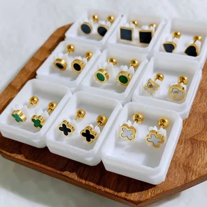 Wholesale Screw Earrings Waterproof PVD Gold Plated Stainless Steel Natural Stone Clover Stud for Women