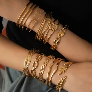 MW New Fashion Gold Metal Geometric 18k Gold Leaf Letter Chains Tennis Open Charm Bangle Bracelet for Women Jewelry Punk Style