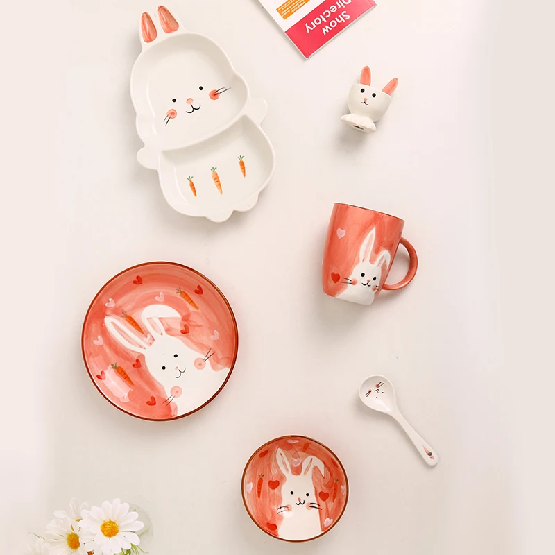 Rabbit Creative Kids Cute Animal Print Dinnerware Children Ceramic Porcelain Dinner Bowl Divided Plate and Spoon Sets factory