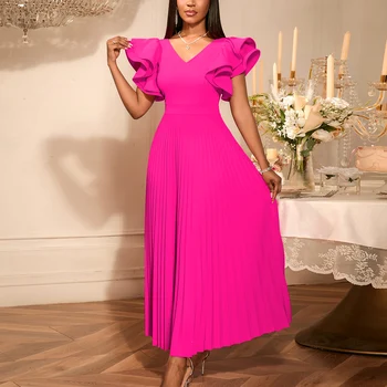 AM050446 Chic V Neck Ruffle Sleeves Party Style a Line Pleated Rose Elegant Maxi Women Evening Dress