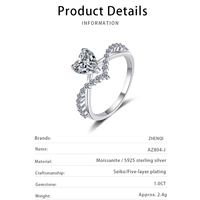 1ct Heart-Shaped Diamond Moissanite V-Shaped Ring 925 Sterling Silver