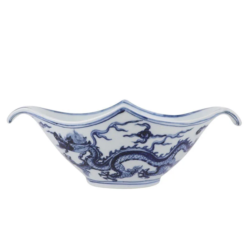 明代の複製品、青と白の龍鳳凰模様の中国磁器フルーツボウル、景徳鎮