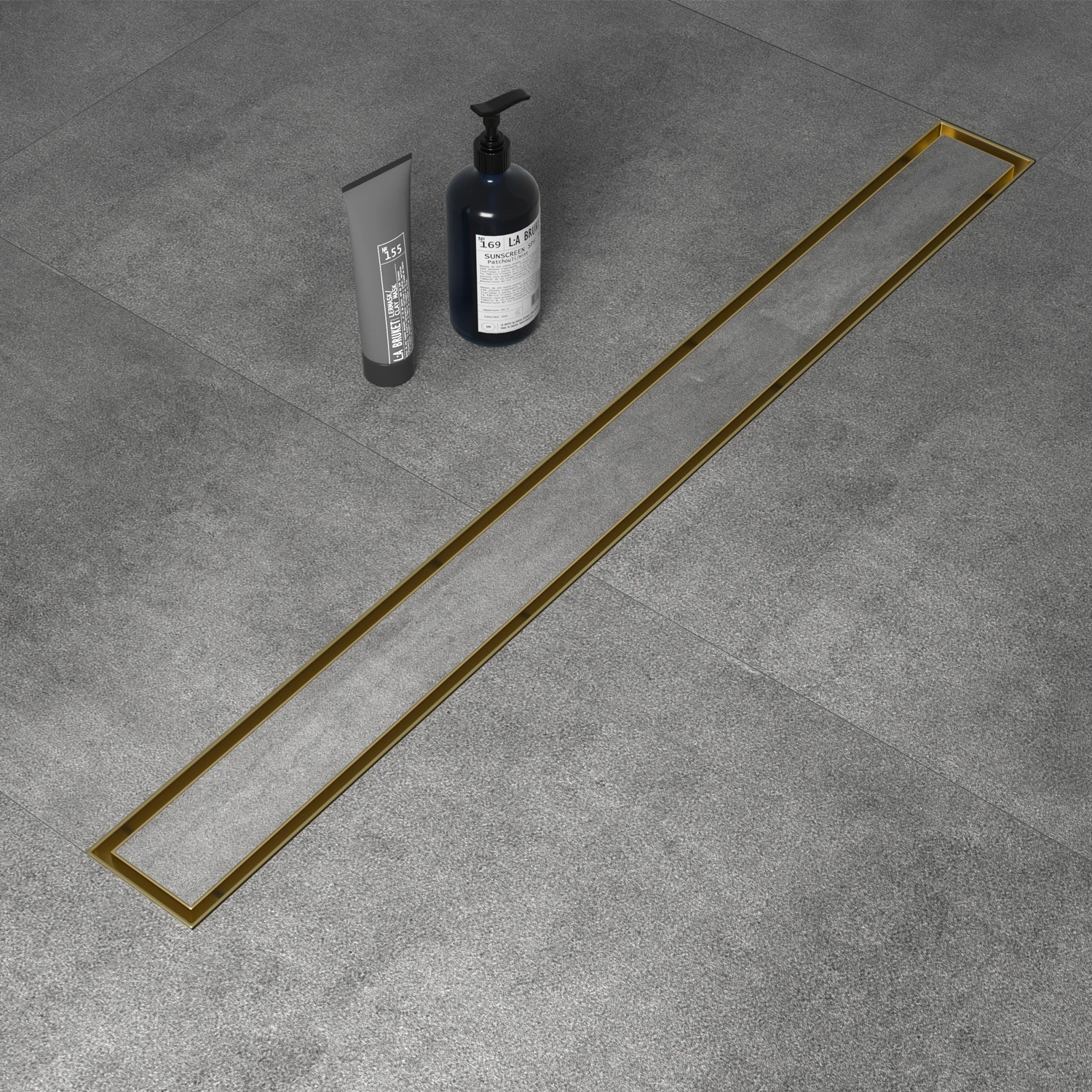 Golden Linear Shower Drain With Reversible Cover Grid For Bathroom