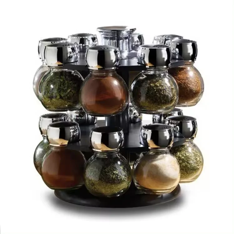 16-Jar Labeled Glass Seasoning Rack Rotating Spice Organizer with Clear ...