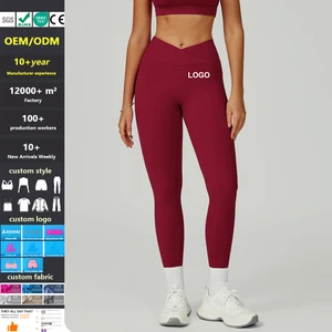 Custom High Quality Nude Feeling High Waist Yoga Pants V-Shaped Cross Waist Fitness Women Outdoor Sports Running Tights Leggings
