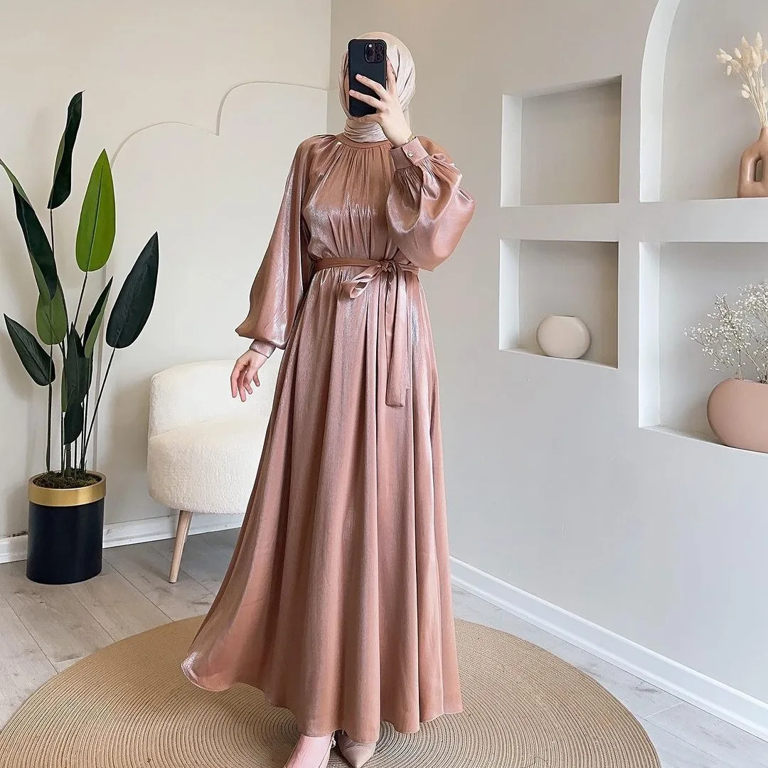 Spring and Autumn New European and American Round Neck Pleated High Waist Tied Slim Fit Long Sleeved Muslim Dress