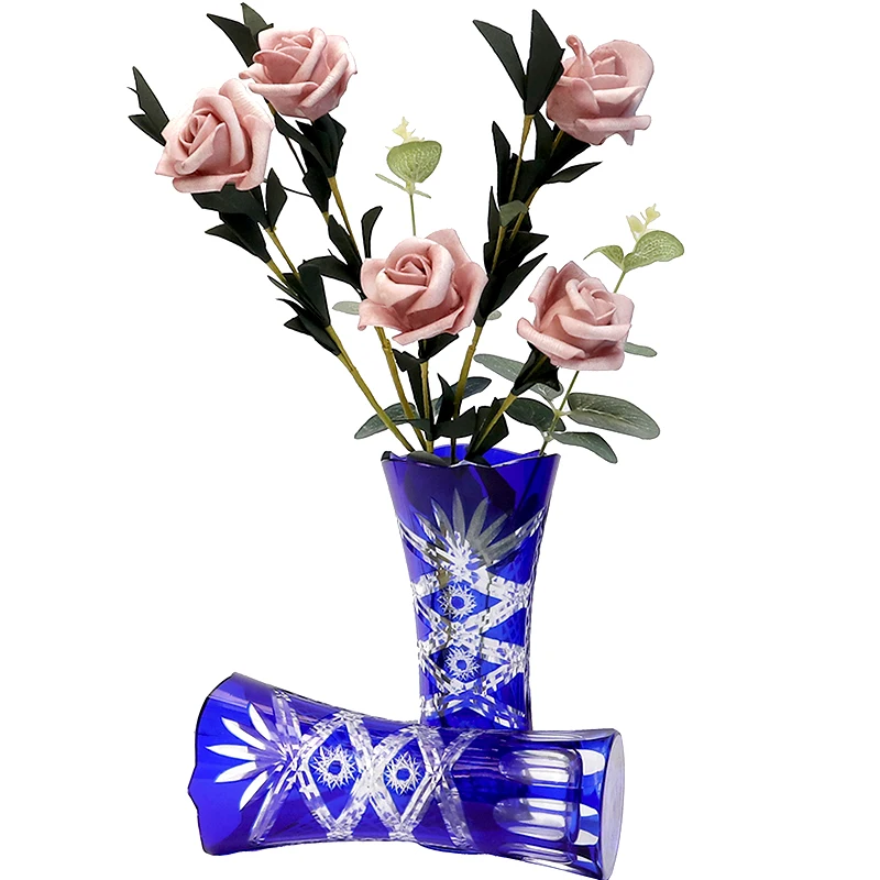 Elegant Bohemian Czech Style Blue Glass Vase - Hand Cut