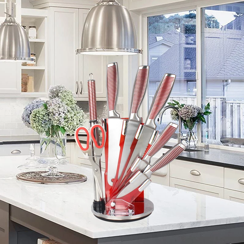 Хорошее качество, 8 комплектов в партии, набор наконечников из нержавеющей стали шеф-повар салата набор складной прочный поворотный блок набор кухонных ножей с акриловой подставкой