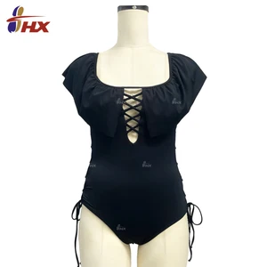 New Design One-Piece Black Bikini Sexy Bandage Monokini with Ribbed Fabric Ruffle Sleeves Print Pattern Drawstring Bathing Suit