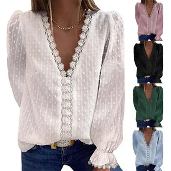 Solid color V neck chiffon shirt embroidered lace long sleeve woven causal blouse for women