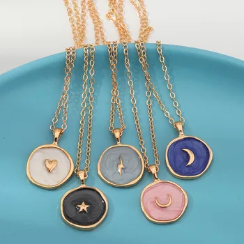 Wholesale Fashion Women Jewelry Gold Plated Coin Pendant Necklace Charm Colorful Heart Moon Star Pendant Thick Chain Necklace